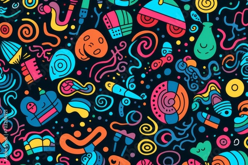  Immerse yourself in a world of imagination with a vibrant and fun colorful line doodle seamless pattern background, Generative AI