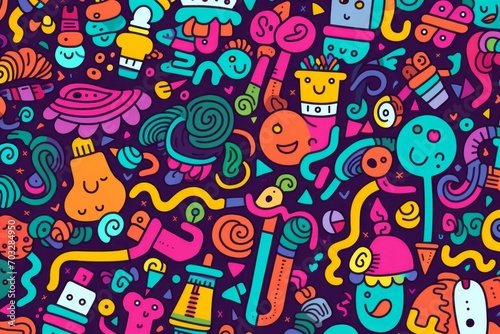  Immerse yourself in a world of imagination with a vibrant and fun colorful line doodle seamless pattern background  Generative AI