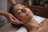 A woman is getting facial massage at a spa beauty salon, in the style of large canvas format, soft-focus, rounded, glossy finish, light gray, striped, subtle


