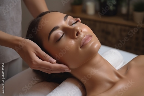 A woman is getting facial massage at a spa beauty salon  in the style of large canvas format  soft-focus  rounded  glossy finish  light gray  striped  subtle  