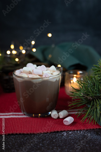 Hot chocolate with marshmallow in Christmas eve atmosphere