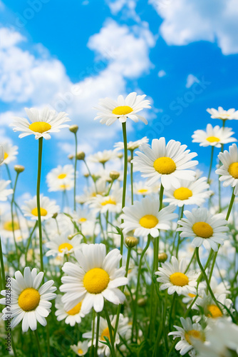 chamomile flowers on the field. Selective focus.