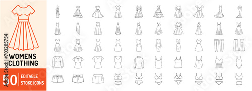Women’s Clothing editable stroke outline Icons set. Saree, wedding dress, sleeveless, casual, babydoll dress, bridal gown, sundress, legging, pants and bra. Vector illustration photo