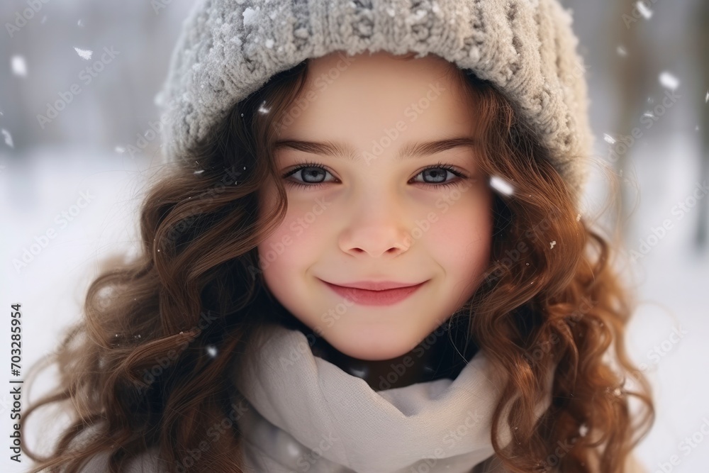 Beautiful cute teenage girl with wavy hair smiles and looks at the camera on blurred background of winter nature. Happy teenager, adorable child. Winter portrait of a pretty girl model Beautiful cute teenage girl with wavy hair smiles and looks at the camera on blurred background of winter nature. Happy teenager, adorable child. Winter portrait of a pretty girl model