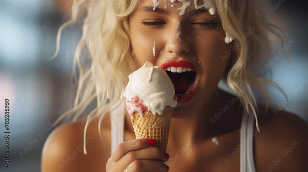 closeup fashion portrait of young hipster crazy girl eating ice cream closeup fashion portrait of young hipster crazy girl eating ice cream