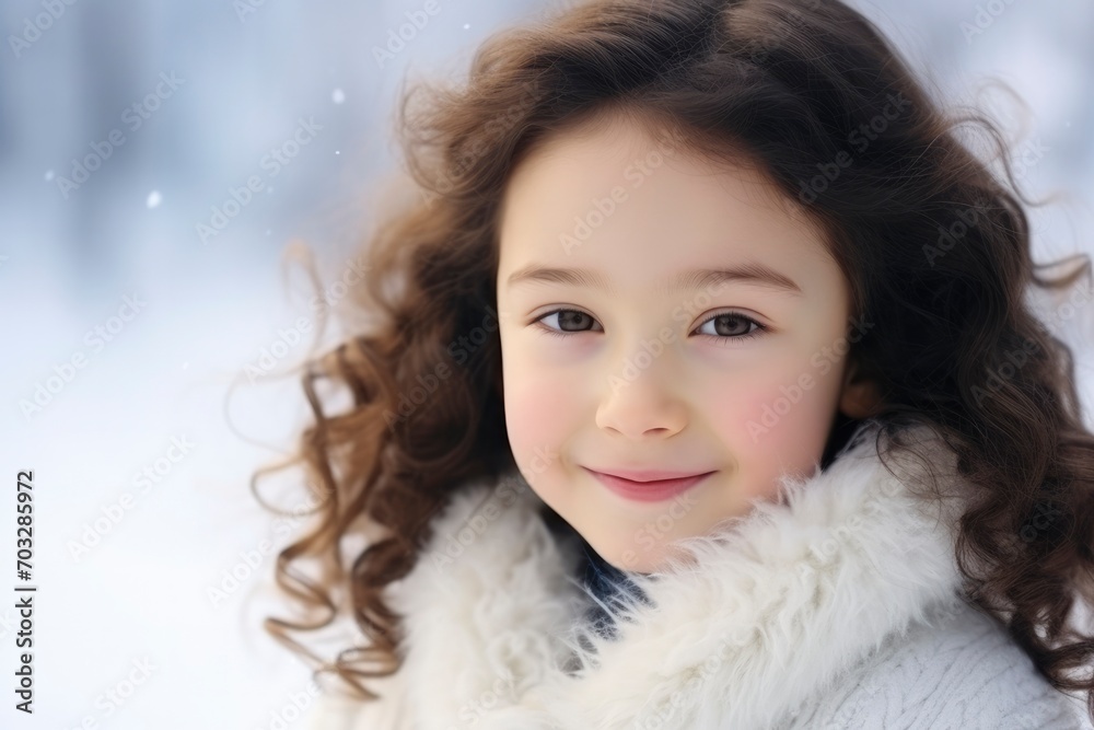 Beautiful cute teenage girl with wavy hair smiles and looks at the camera on blurred background of winter nature. Happy teenager, adorable child. Winter portrait of a pretty girl model Beautiful cute teenage girl with wavy hair smiles and looks at the camera on blurred background of winter nature. Happy teenager, adorable child. Winter portrait of a pretty girl model