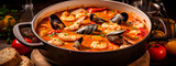 bouillabaisse with mussels in a plate. Selective focus.