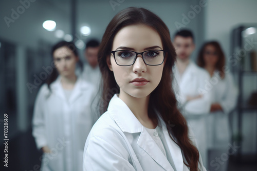 Portrait of a doctor. Beautiful young woman scientist wearing white coat and glasses in modern Medical Science Laboratory.