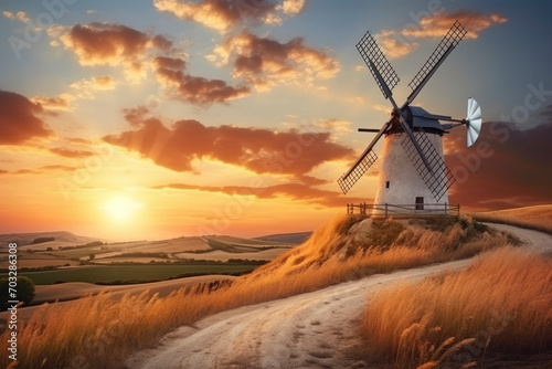 A traditional mill for grinding grain against the backdrop of a bright beautiful sunset in a field. Incredible landscape with a windmill