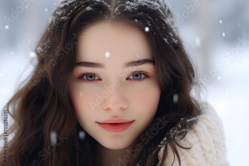 Beautiful cute teenage girl with wavy hair smiles and looks at the camera on blurred background of winter nature. Happy teenager  adorable child. Winter portrait of a pretty girl model