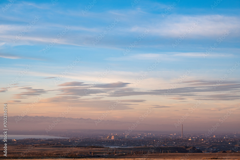 Panorama of the city of Kapchagay against the background of mountains. City of Konaev. Panorama of the city of Kapchagay against the background of mountains. City of Konaev.