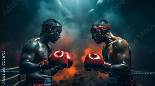 Two professional boxer boxing on color powder background,