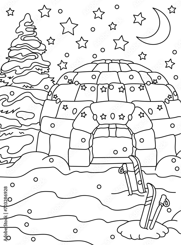 Ice house, snow, Christmas tree and skis. Winter yard. Background