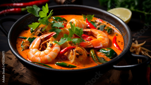 Thai spicy shrimp soup. Selective focus.