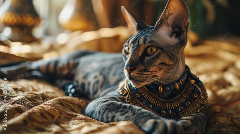 A domestic cat of the Sphynx breed in a collar with decorations lies on a bed, with a patterned bedspread, in a cozy homely atmosphere A domestic cat of the Sphynx breed in a collar with decorations lies on a bed, with a patterned bedspread, in a cozy homely atmosphere