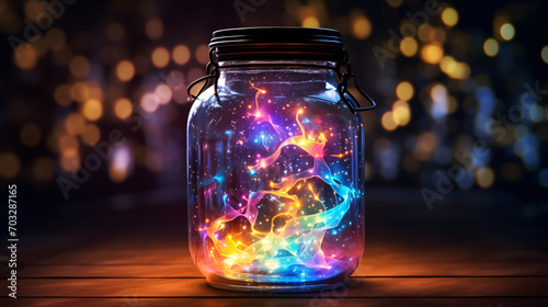 Dreams Concept Colorful Lights In Open Jar