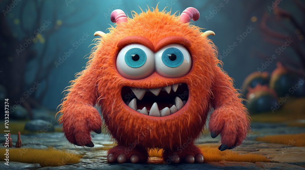red monster with creepy face 3d cute character