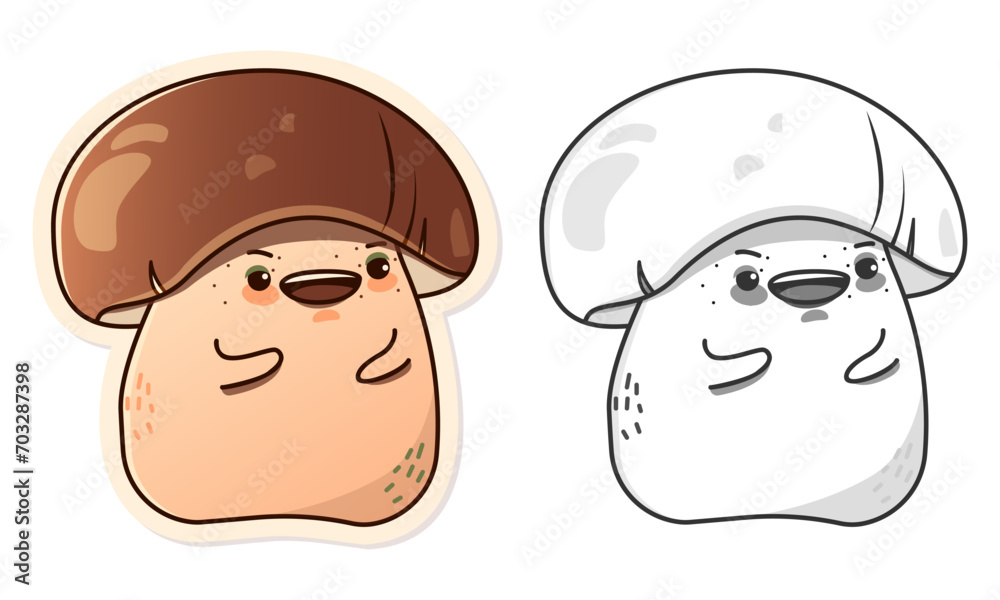 Kawaii mushroom colored, black and white, sticker
