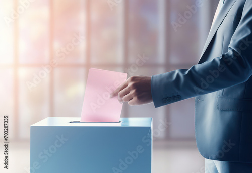 Democratic Choice: Voting for President in a Symbolic Ballot Box with Emotions of Freedom and Patriotism on White Background photo
