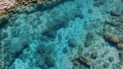 Crystal-clear turquoise waters revealing rocky underwater formations near a rocky shoreline, showcasing natural aquatic beauty.
