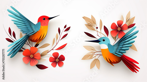 Set of beautiful cartoon colorful birds in trendy paper cut creative art © Yellow