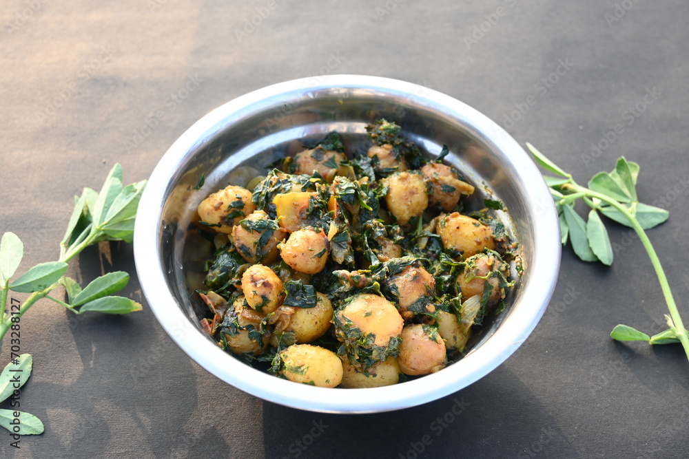 Aloo Methi or Fenugreek potato vegetable. It is made with fresh