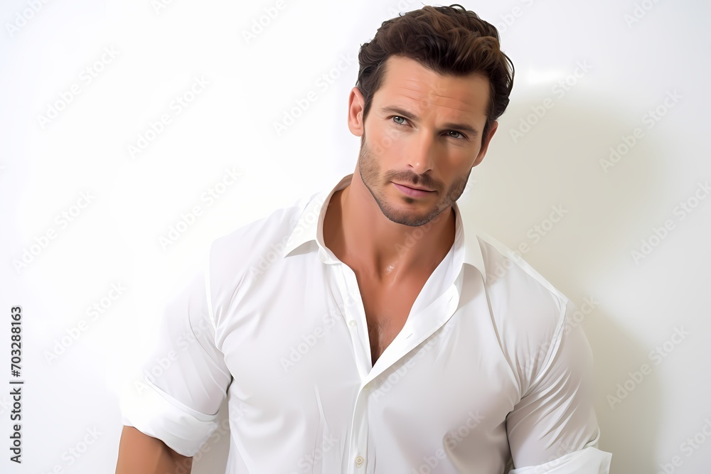 An attractive, confident man displaying his fitness in a half-open shirt against a soft, creamy white background.