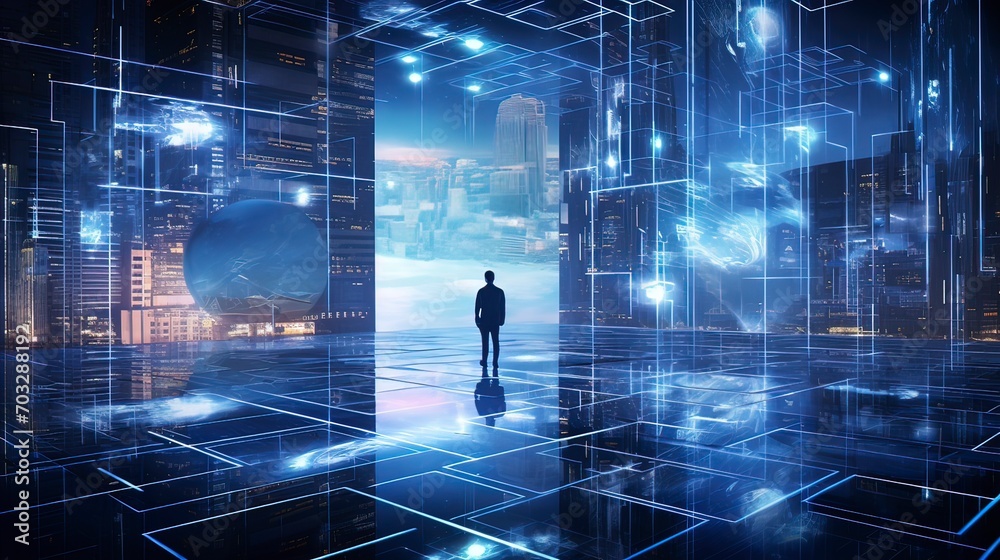 Illustration of a Futuristic Digital Technology City, AI-Generated Artwork.