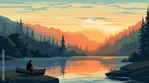 Vector Illustration of Fishing Bliss for t-shirt, AI-Generated Lake and Mountain Scene.