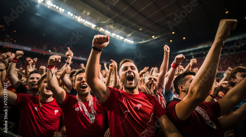 group of fans dressed in red color watching a sports event in the stands of a stadium photo