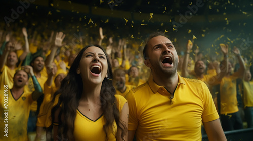 group of fans dressed in yellow color watching a sports event in the stands of a stadium