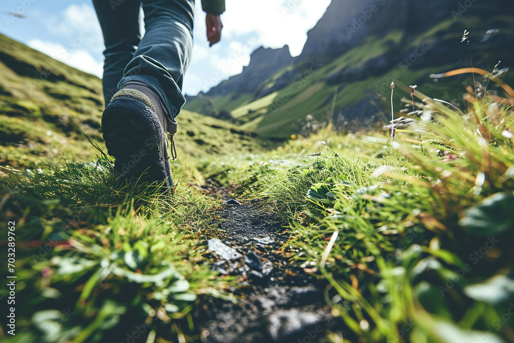 Hiking in the mountains. Feet of a Man Walking on a Grassy Path Towards a Mountain in Nature. Hiking in the mountains. Feet of a Man Walking on a Grassy Path Towards a Mountain in Nature.