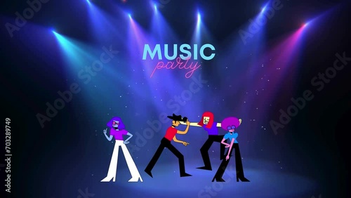 Animated design with silhouette people dancing against an abstract background with moving spotlights and changing colours.