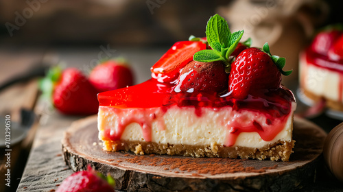 A slice of cheesecake is topped with glossy red strawberry glaze, fresh strawberries, and a sprig of mint. It is served on a rustic wooden board amidst a dark, moody background. 