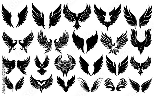 Celestial Wings Icons Set And Collection, Black Silhouettes Icons Collection. Fantastic Wings For Tattoo Artists, Fantasy Authors Or Game Developers. Vector