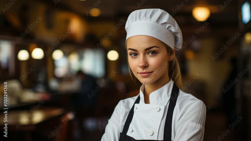 Smiling female bakers looking at camera..Chefs baker in a chef dress and hat, cooking together in kitchen. Smiling female bakers looking at camera..Chefs baker in a chef dress and hat, cooking together in kitchen.