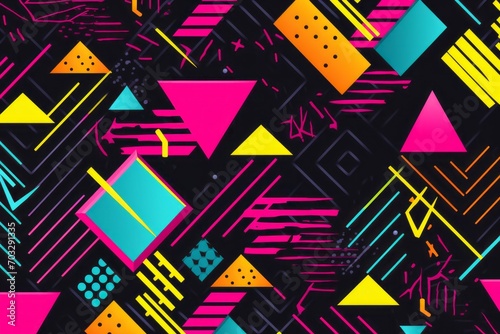 Celebrate the rad style of the 80s in your design with a patterned background, showcasing bold geometric patterns, vibrant colors, Generative AI 