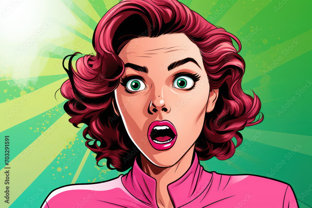 Comic Retro Lady with Open Mouth and Wow Expression in Pop Art Style Illustration on Vintage Background