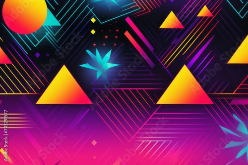  Create a blast from the past with an 80s-inspired patterned background, showcasing iconic elements like triangles, checkerboards, Generative AI 