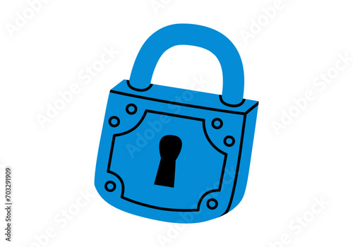 Hand drawn cute cartoon illustration of closed lock. Flat vector protection tool sticker in doodle style. Financial literacy or safety icon. Reliability and trust in banking. Security system. Isolated