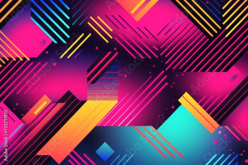 Immerse yourself in the retro charm of the 80s with a patterned background featuring bold stripes, pixel art elements, and vibrant gradients, Generative AI