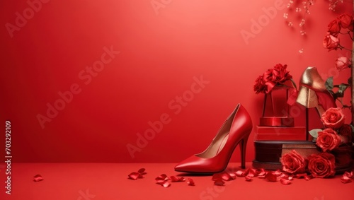 Red roses, shoes and gift box on red background. Valentine's day concept