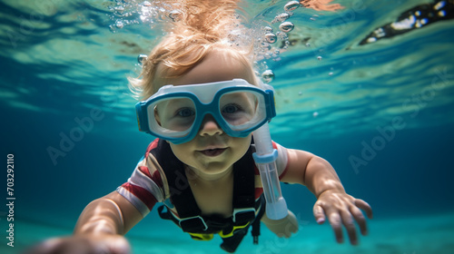 Underwater Young kid Fun in the Swimming Pool with Goggles. Summer Vacation Fun. photo