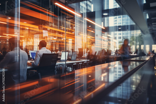 Business people working in office. Modern and luxury workspace interior with city view © Patcharaphon