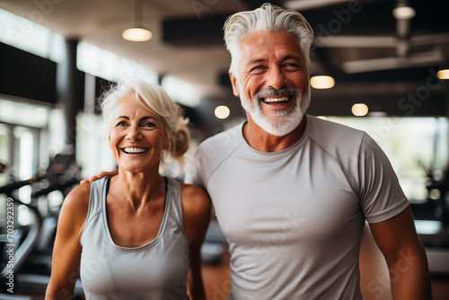 Portrait of happy senior couple after sport workout in gym. Excercise, health and lifestyle concept