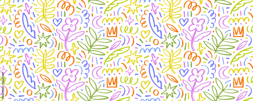 Colorful seamless pattern with charcoal botanical and childish shapes. Hand drawn flowers, leaves, crowns and stars with speckles.