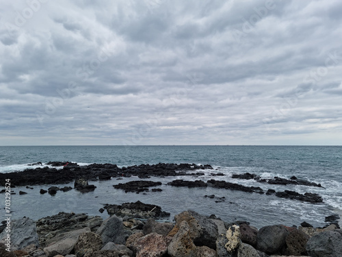  This is a Jeju Island beach with basalt rocks.