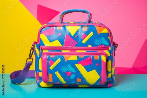 Travel back to the vibrant 80s with a retro-patterned background, featuring bold geometric shapes and neon hues, Generative AI