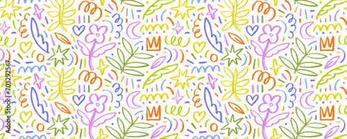 Colorful seamless pattern with charcoal botanical and childish shapes. Hand drawn flowers  leaves  crowns and stars with speckles.