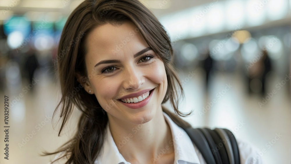 Charming woman with a radiant smile at an airport, projecting confidence and happiness in a casual setting.